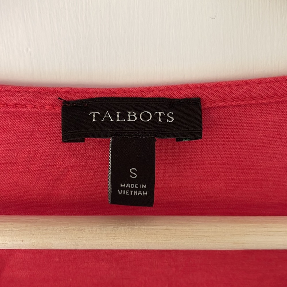 Talbots Long Sleeve Top Sz S Coral Red Crochet Stripe Detail - Picture 3 of 5